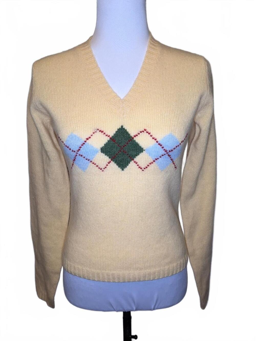 Vintage Abercrombie S Yellow Cream Argyle Lambswool Sweater Preppy Y2K Academia